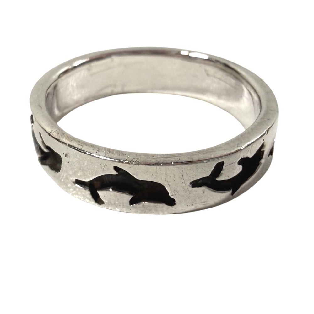 Vintage 925 Sterling Silver DOLPHIN Band Ring Size 7.5 Nautical 90s 00s Y2K
